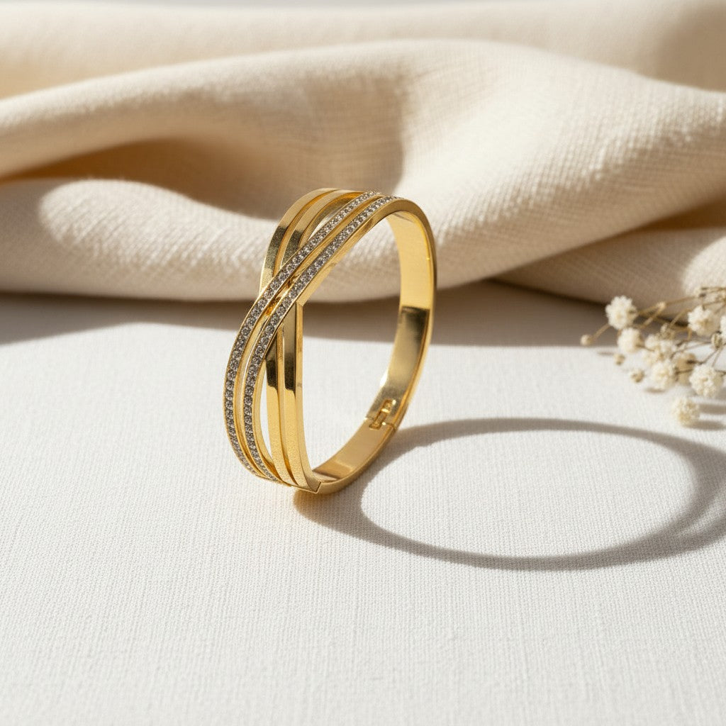 Gold Crystal Crossover Cuff Bangle