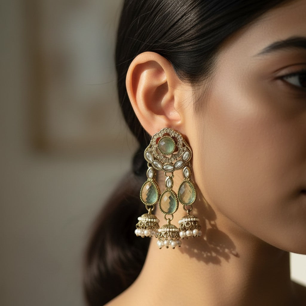 Kundan Mint Green Jhumka Drop Earrings