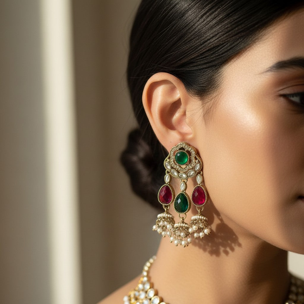 Emerald Ruby Kundan Jhumka Drop Earrings