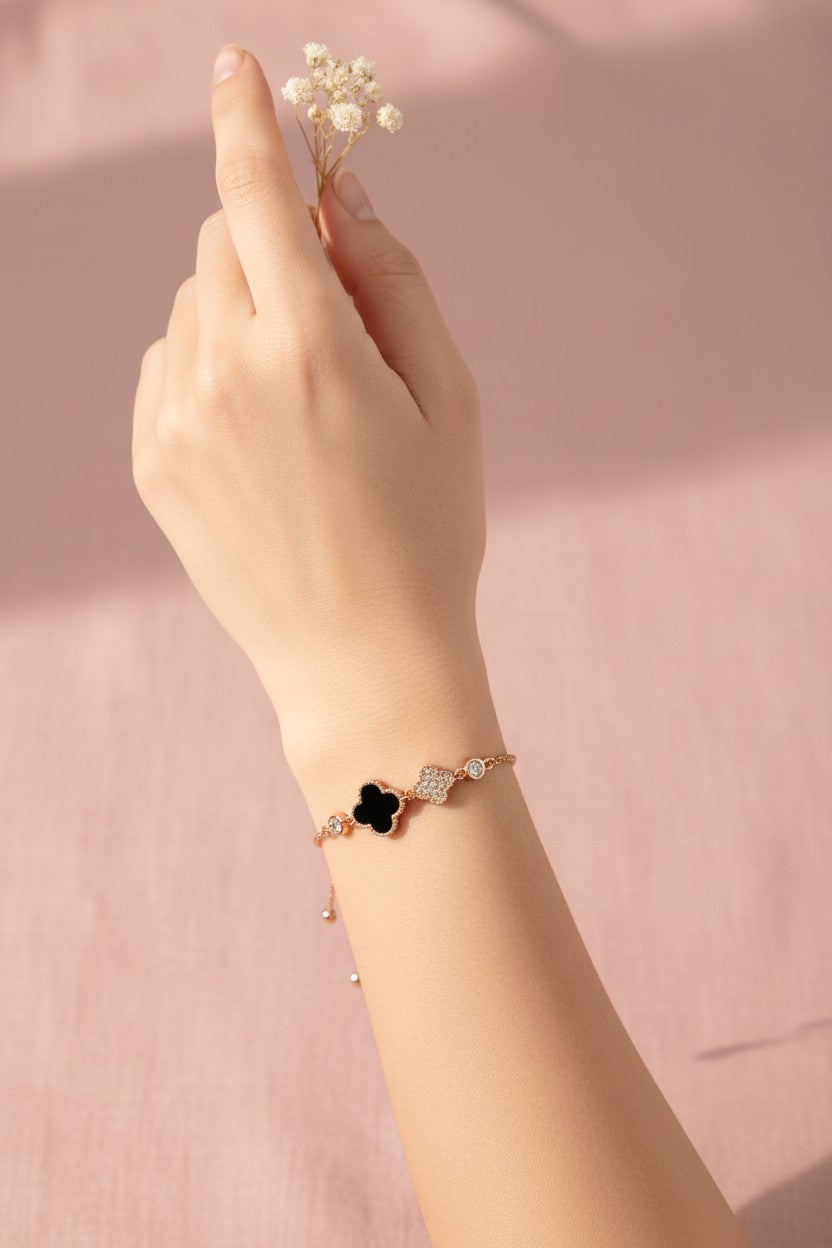 Black Onyx Clover Luck Rose Gold Bracelet