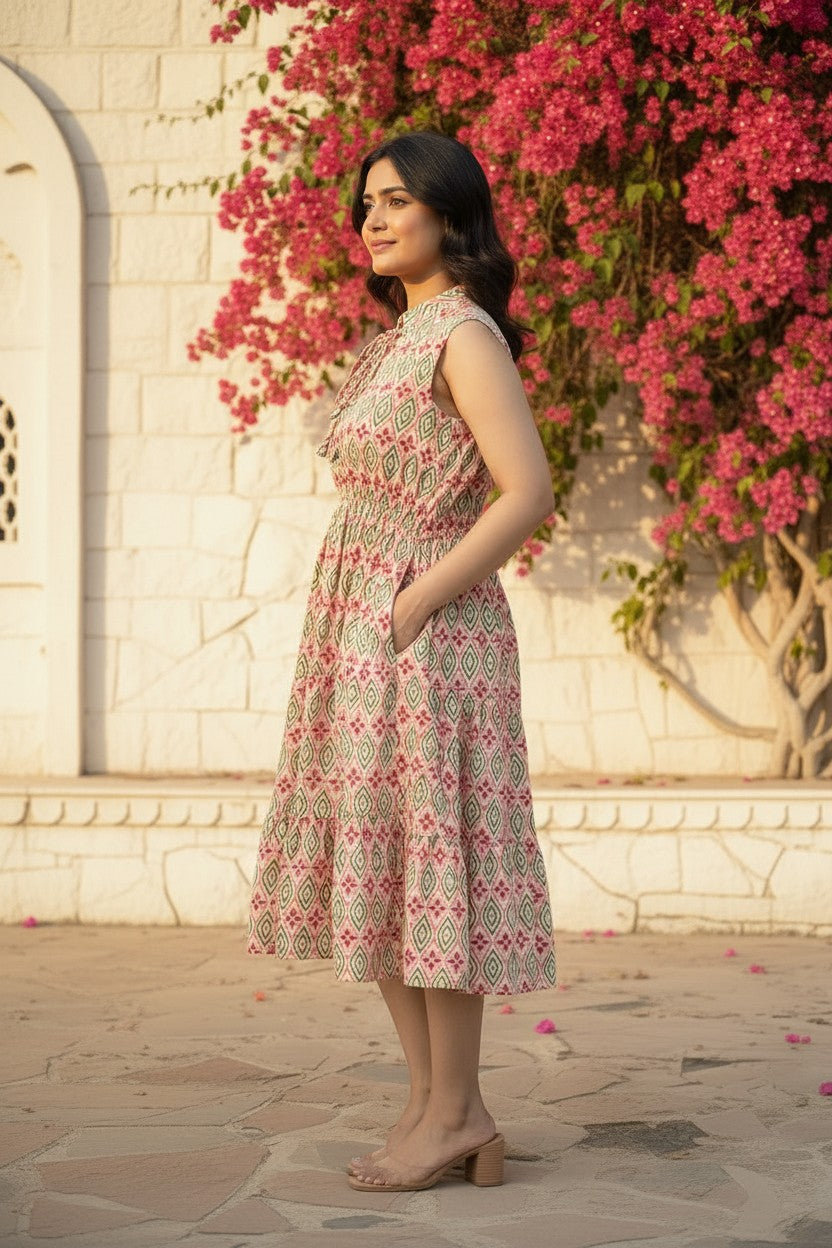 Floral Ogee Smocked Waist Tiered Midi Dress