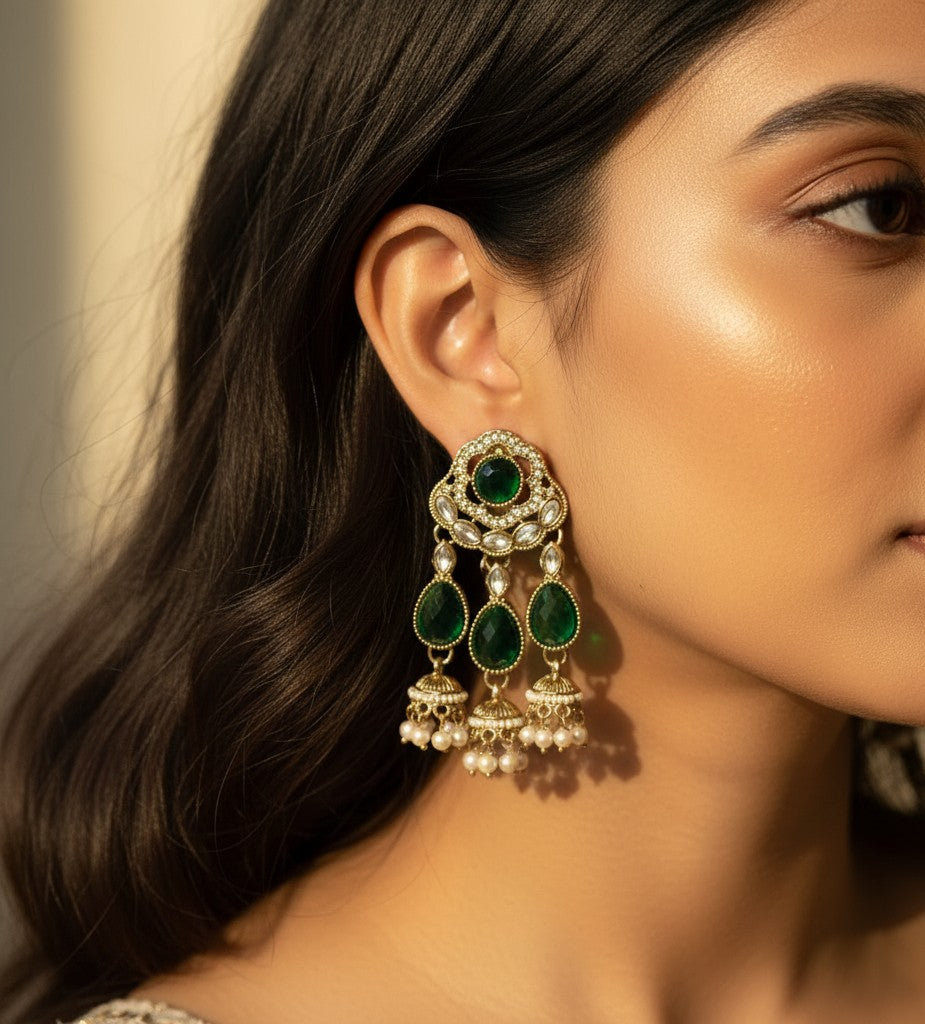 Emerald Teardrop Pearl Jhumka Earrings