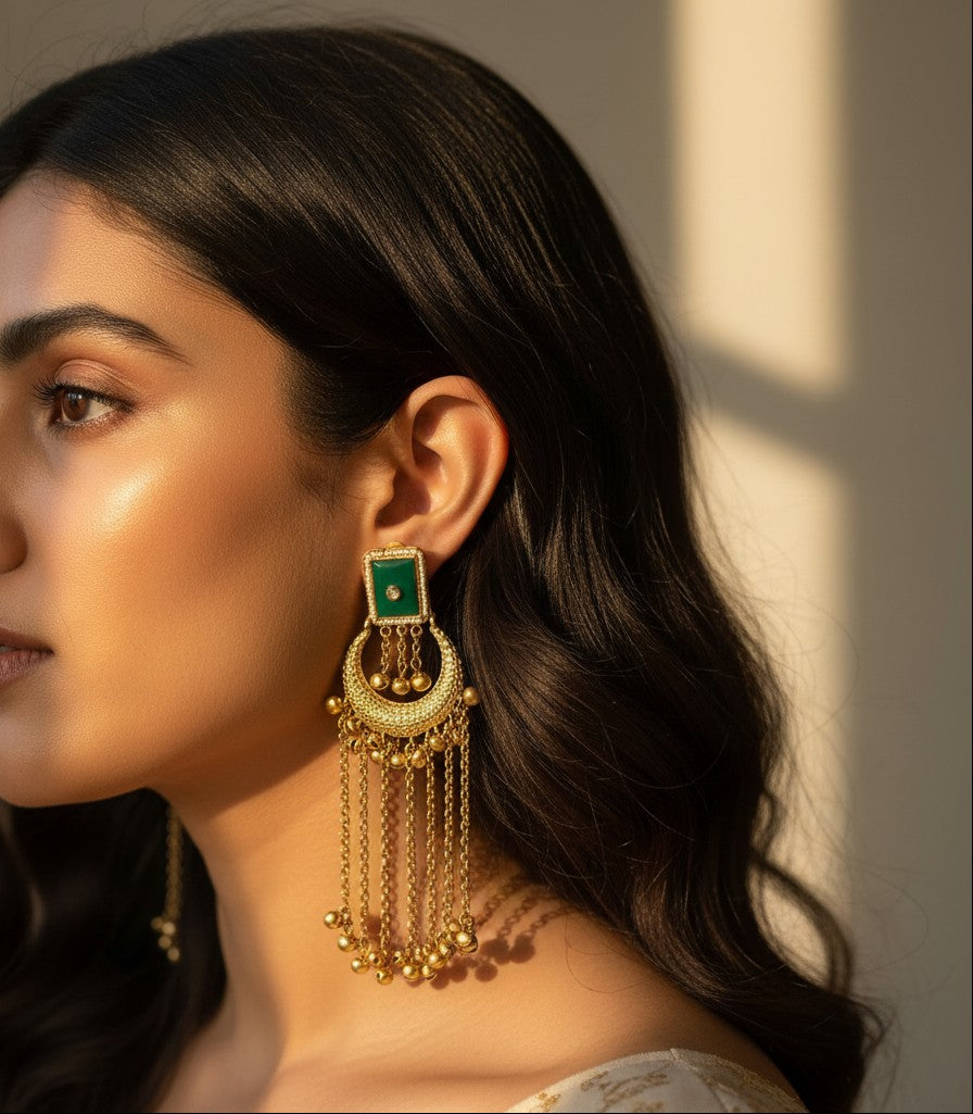 Green Meenakari Crescent Chandbali Earrings