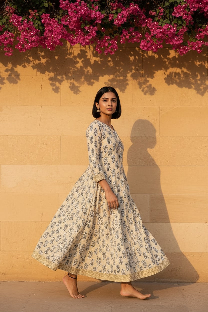 Ivory Sanganer Paisley Anarkali Maxi Dress