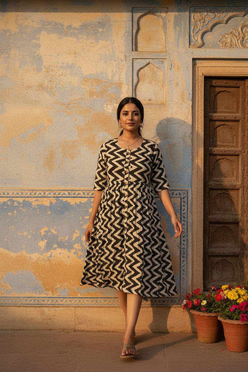 Zigzag Block Print Midi Dress