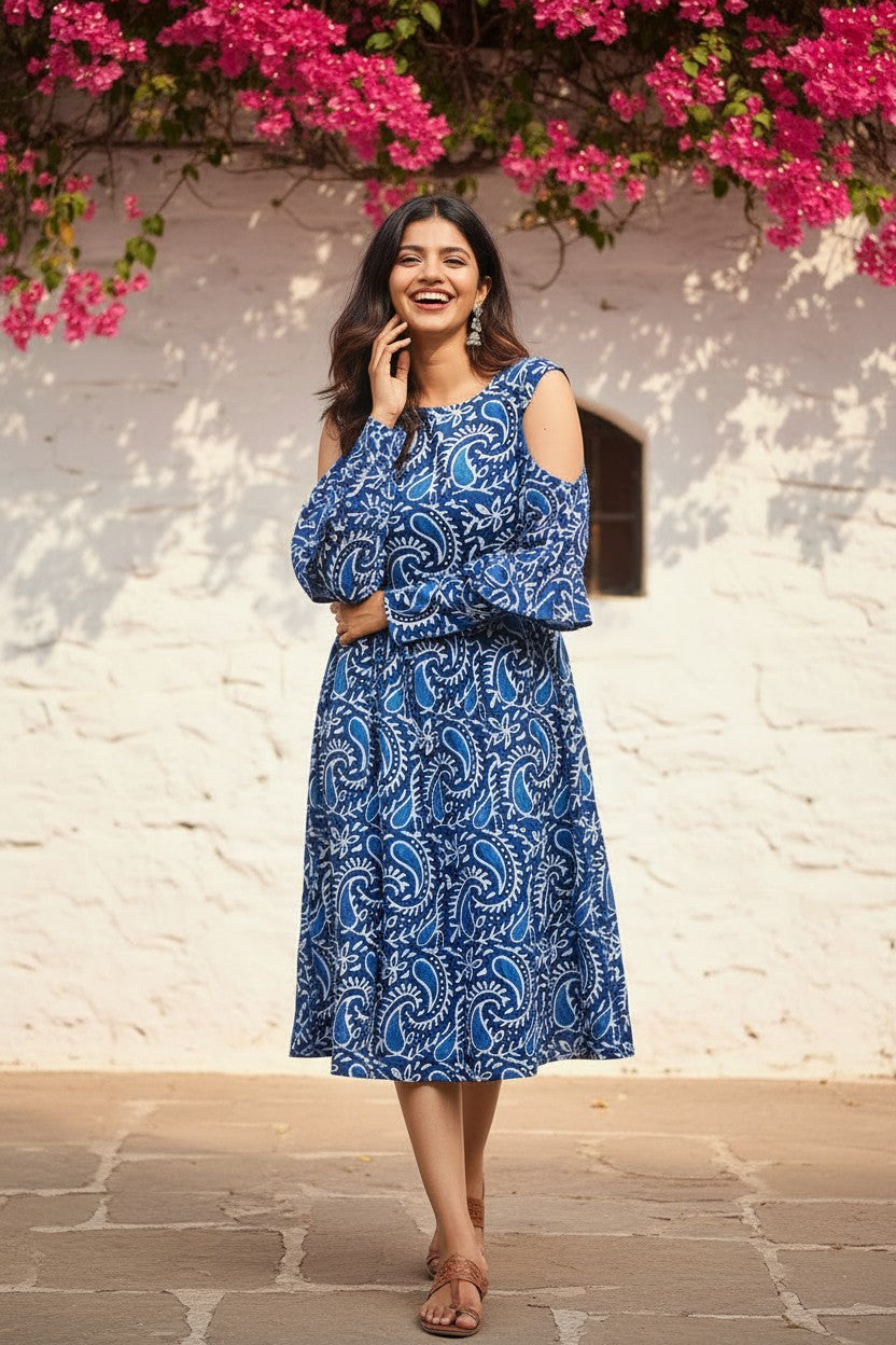 Indigo Paisley Cold-Shoulder Midi Dress