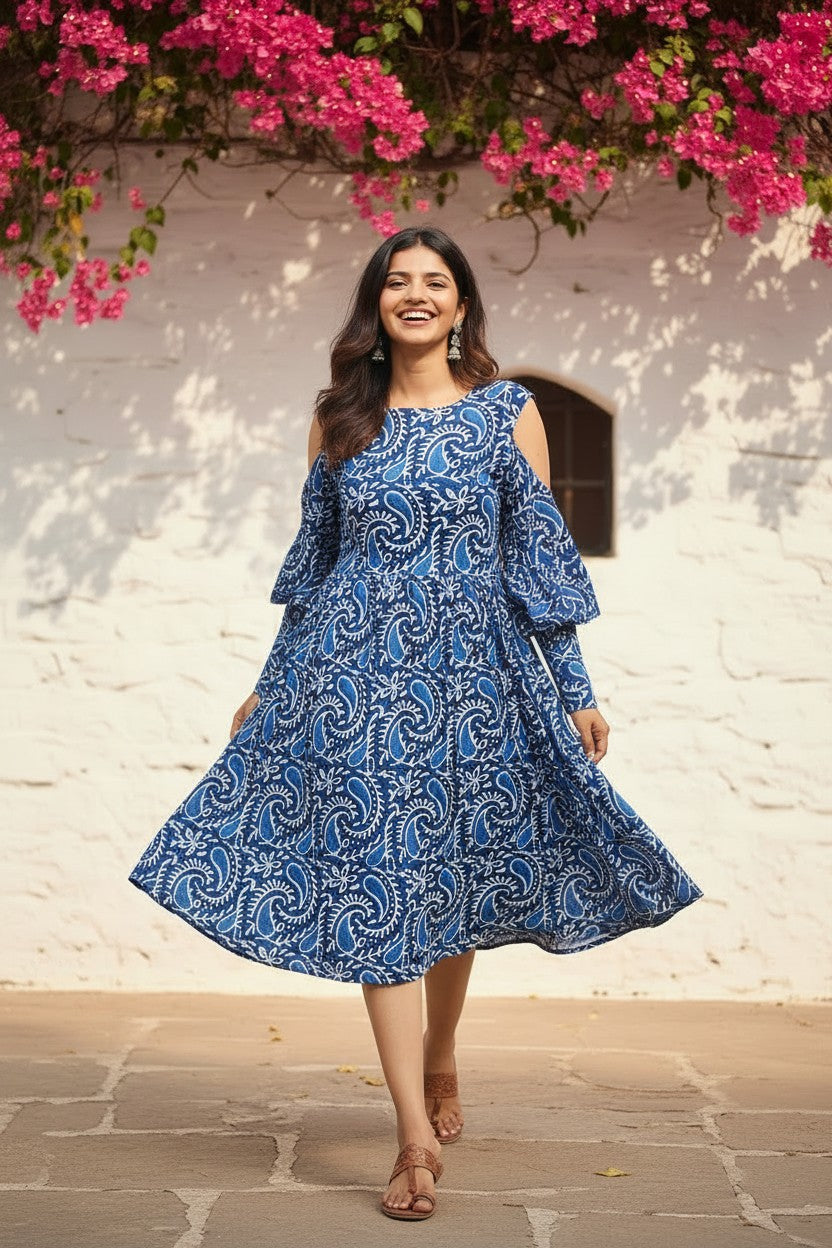 Indigo Paisley Cold-Shoulder Midi Dress