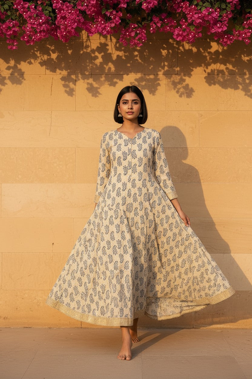 Ivory Sanganer Paisley Anarkali Maxi Dress