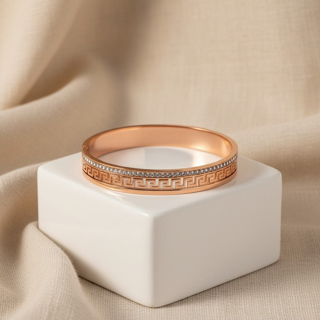 Rose Gold Greek Key Crystal Bangle