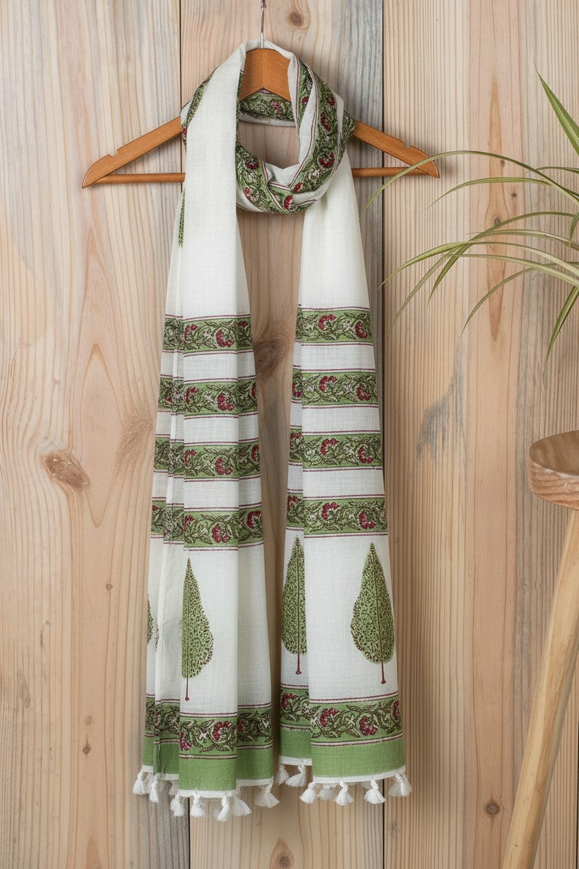 White Paisley & Floral Vine Block Print Stole