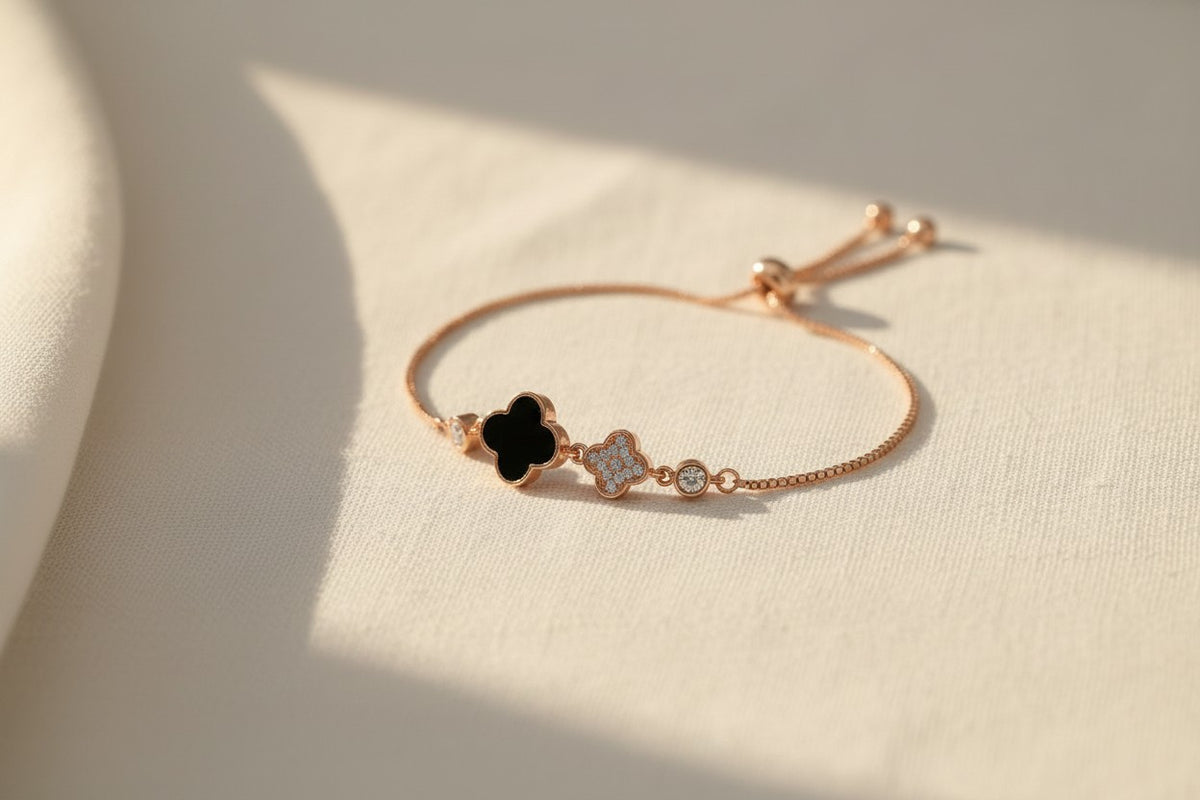 Black Onyx Clover Luck Rose Gold Bracelet