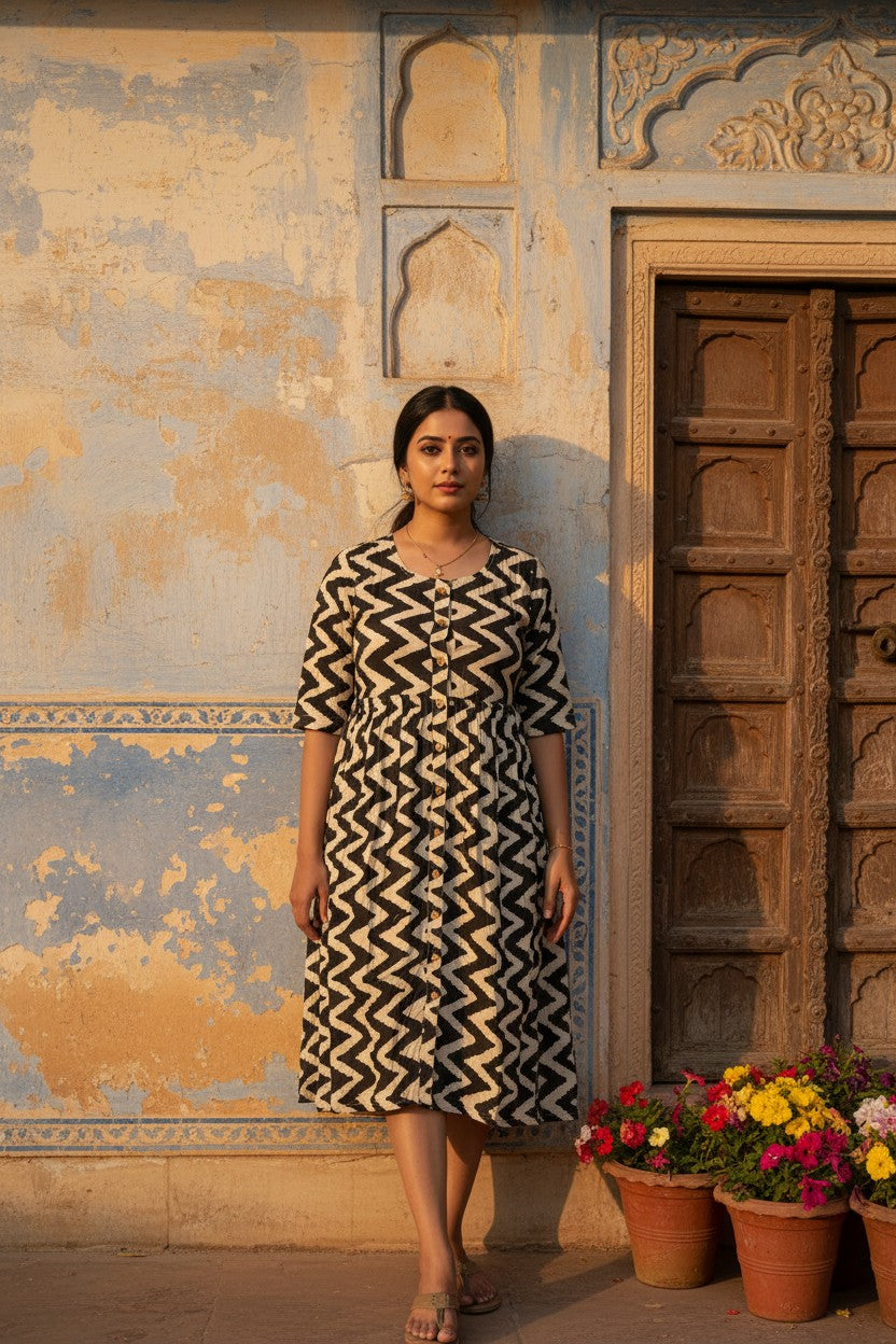 Zigzag Block Print Midi Dress